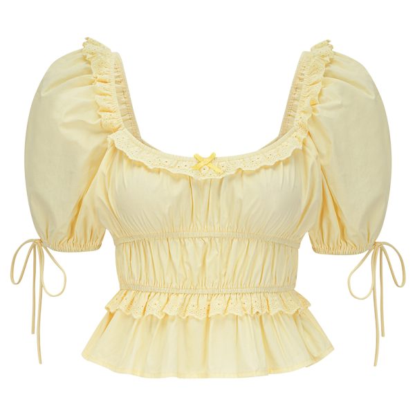 French Vintage Square Neck Puff Sleeve Lace Shirt for Women - Summer High Waist Short Top in Y2K Style