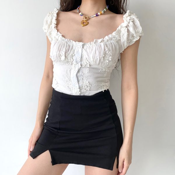 French Vintage U-neck Puff Sleeve White Embroidered Shirt for Women - Slim Fit Short Top, Perfect for Y2K and Casual Chic Style