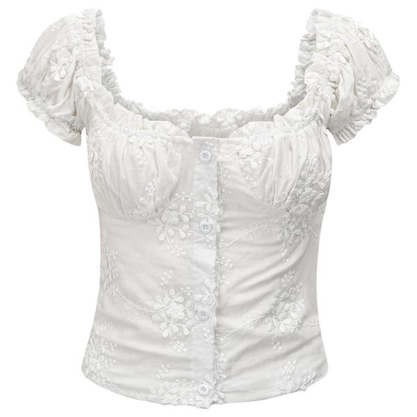 French Vintage U-neck Puff Sleeve White Embroidered Shirt for Women - Slim Fit Short Top, Perfect for Y2K and Casual Chic Style