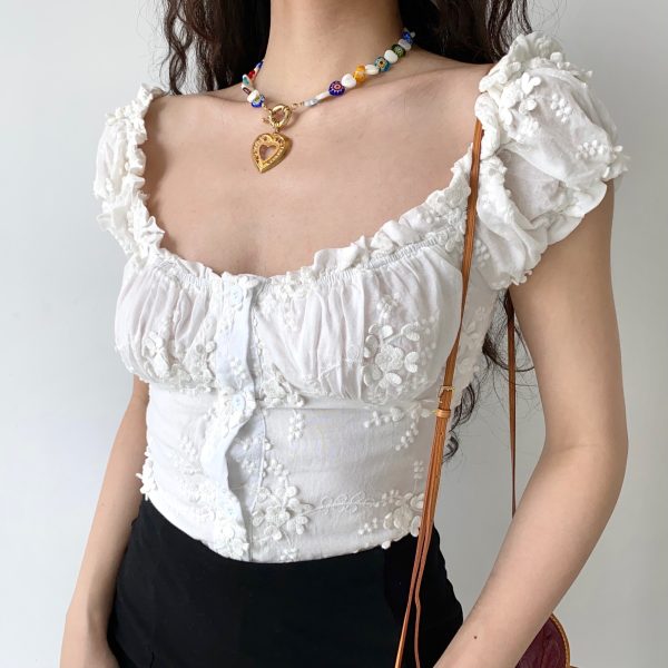 French Vintage U-neck Puff Sleeve White Embroidered Shirt for Women - Slim Fit Short Top, Perfect for Y2K and Casual Chic Style