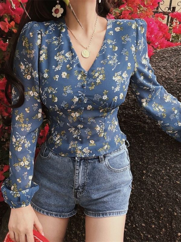French Vintage V-Neck Puff Sleeve Ultra Slimming Long Sleeve Blouse - Chiffon Shirt for Vacation - Spring/Summer 2025 Fashion