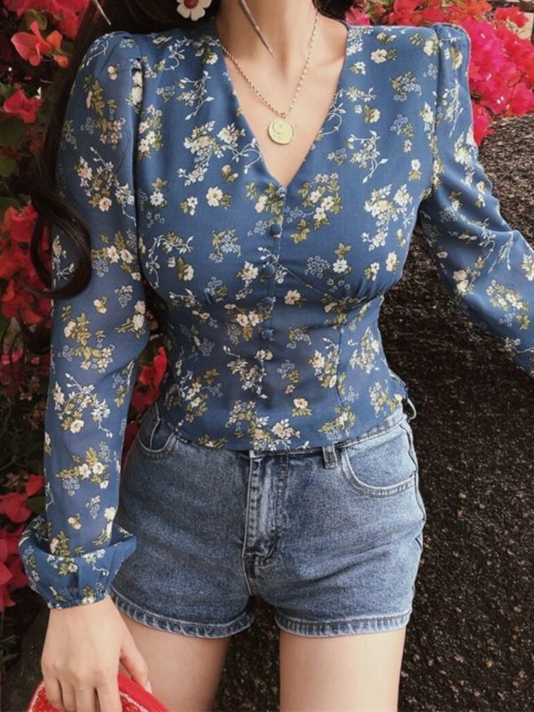 French Vintage V-Neck Puff Sleeve Ultra Slimming Long Sleeve Blouse - Chiffon Shirt for Vacation - Spring/Summer 2025 Fashion