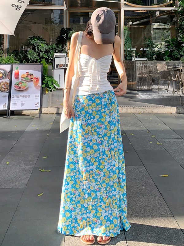 Fresh Floral Tie Low Waist Mid-Length Skirt for Women - Beachy Straight Style Skirt, Perfect for Summer and Vacation Wear