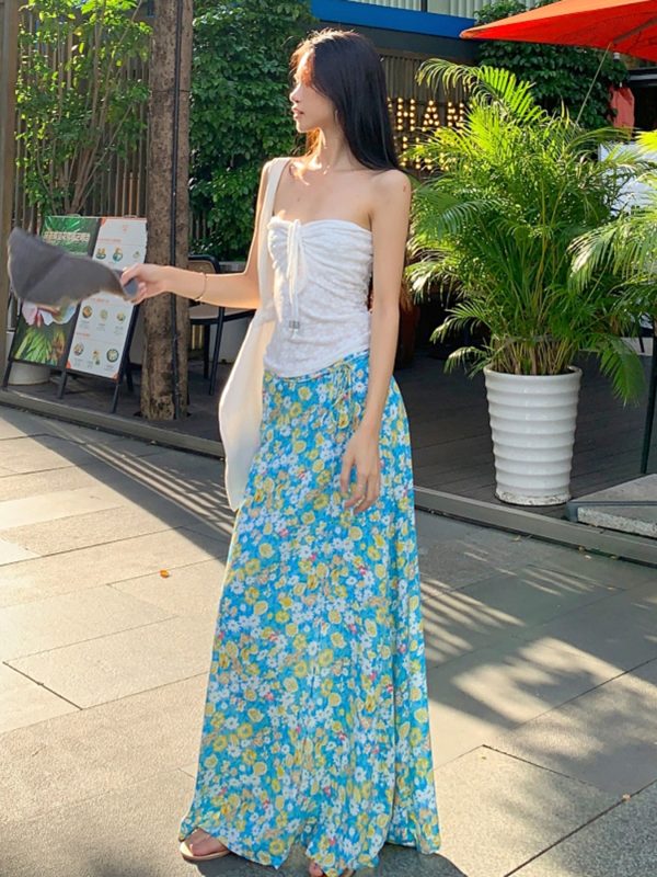 Fresh Floral Tie Low Waist Mid-Length Skirt for Women - Beachy Straight Style Skirt, Perfect for Summer and Vacation Wear