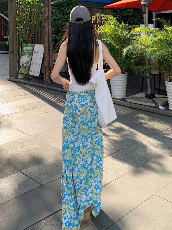 Fresh Floral Tie Low Waist Mid-Length Skirt for Women - Beachy Straight Style Skirt, Perfect for Summer and Vacation Wear