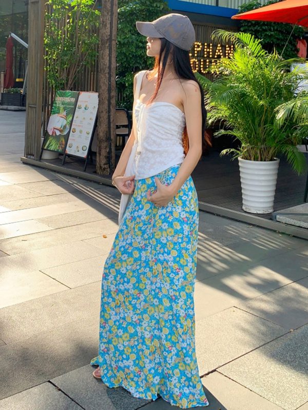 Fresh Floral Tie Low Waist Mid-Length Skirt for Women - Beachy Straight Style Skirt, Perfect for Summer and Vacation Wear
