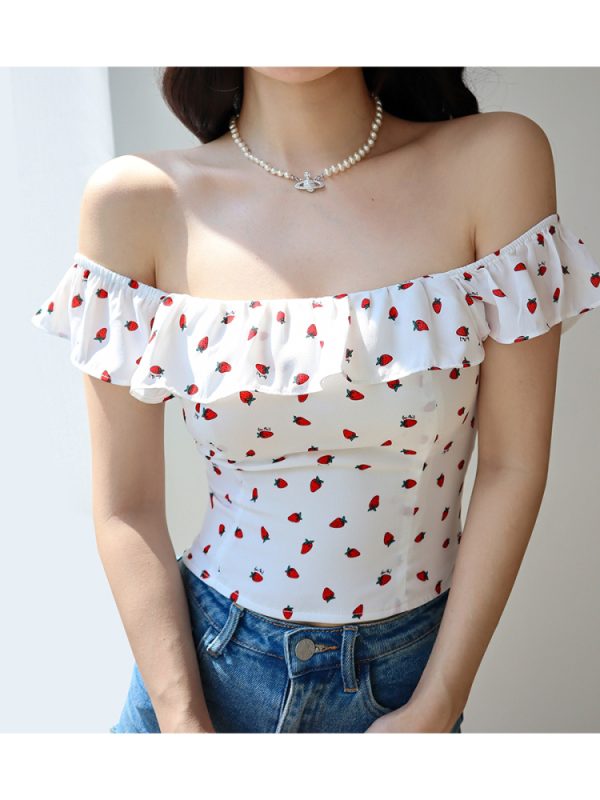 Fresh Girl Short Ruffle Collar Square Neck Strawberry Top with Puff Sleeves - Vacation Ready Women's Blouse