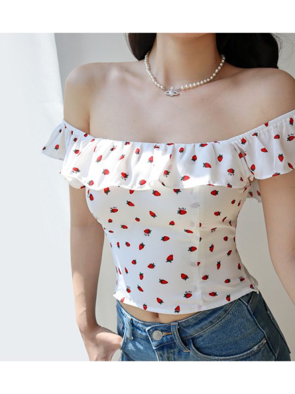 Fresh Girl Short Ruffle Collar Square Neck Strawberry Top with Puff Sleeves - Vacation Ready Women's Blouse