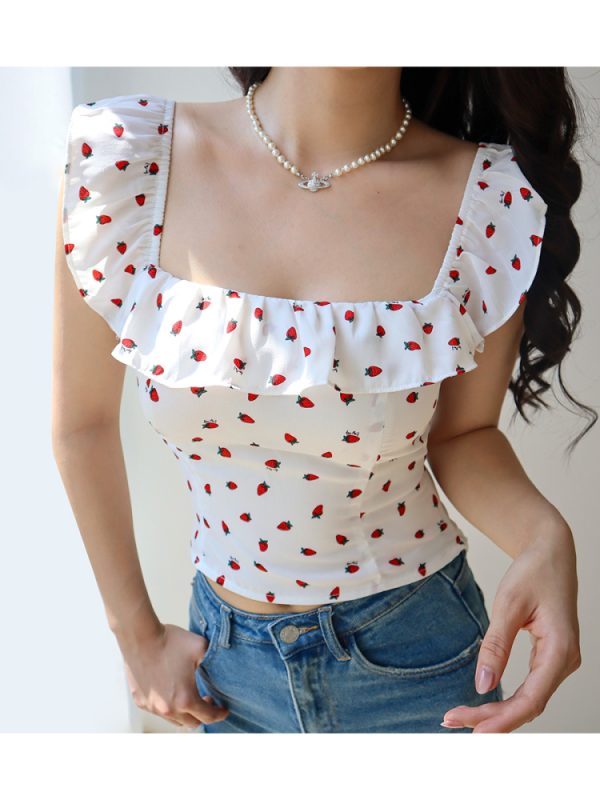 Fresh Girl Short Ruffle Collar Square Neck Strawberry Top with Puff Sleeves - Vacation Ready Women's Blouse