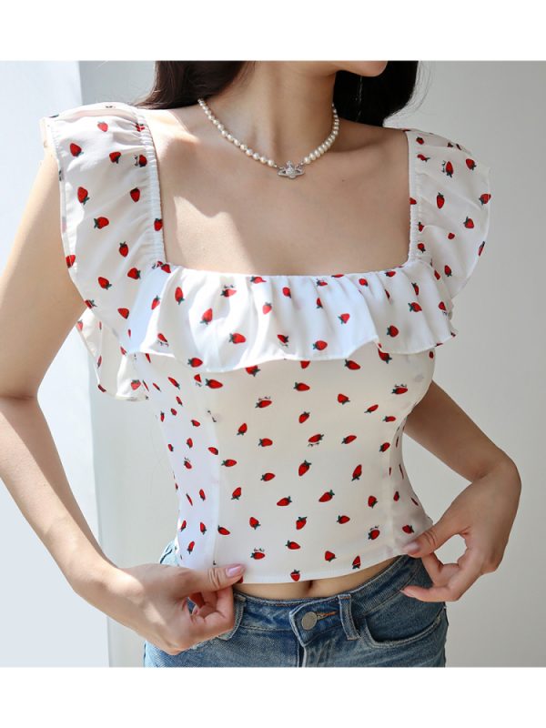 Fresh Girl Short Ruffle Collar Square Neck Strawberry Top with Puff Sleeves - Vacation Ready Women's Blouse