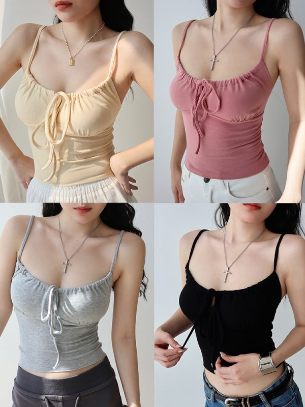 Front Pleated Tie Strap Tank Top for Girls - Slim Fit, Waist-Defining, Short Base Layer - European and American Style