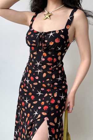 Front Tie Beach Printed Camisole Dress - Summer Mid-Length Split Dress in European and American Style, Perfect for Vacation or Casual Outings