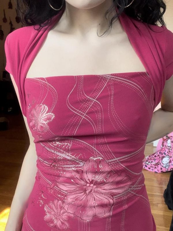 Fuchsia Retro Floral Print Fake Two-Piece T-Shirt for Women with Shoulder Bag, Waist-Cinching, Short Sleeve, Summer Style