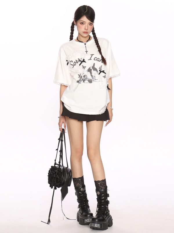 Fun Cartoon Dog Lace Trim Short Sleeve T-Shirt for Women - Summer Casual Top in Cute Y2K Style