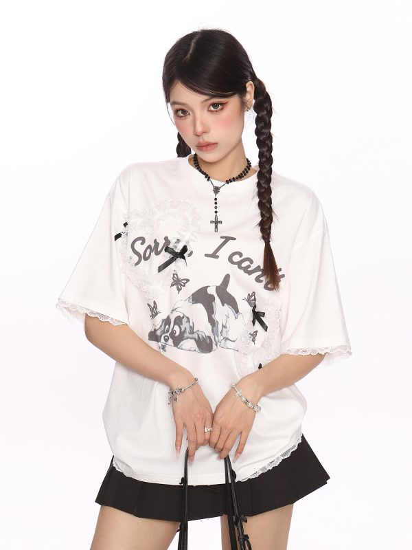 Fun Cartoon Dog Lace Trim Short Sleeve T-Shirt for Women - Summer Casual Top in Cute Y2K Style