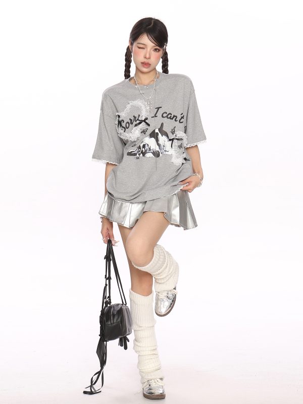 Fun Cartoon Dog Lace Trim Short Sleeve T-Shirt for Women - Summer Casual Top in Cute Y2K Style