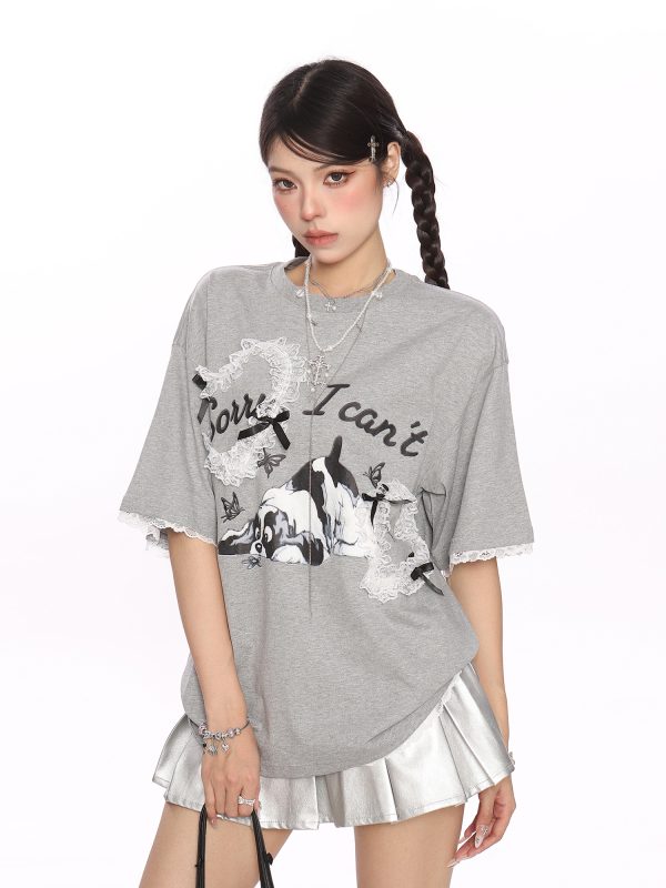 Fun Cartoon Dog Lace Trim Short Sleeve T-Shirt for Women - Summer Casual Top in Cute Y2K Style