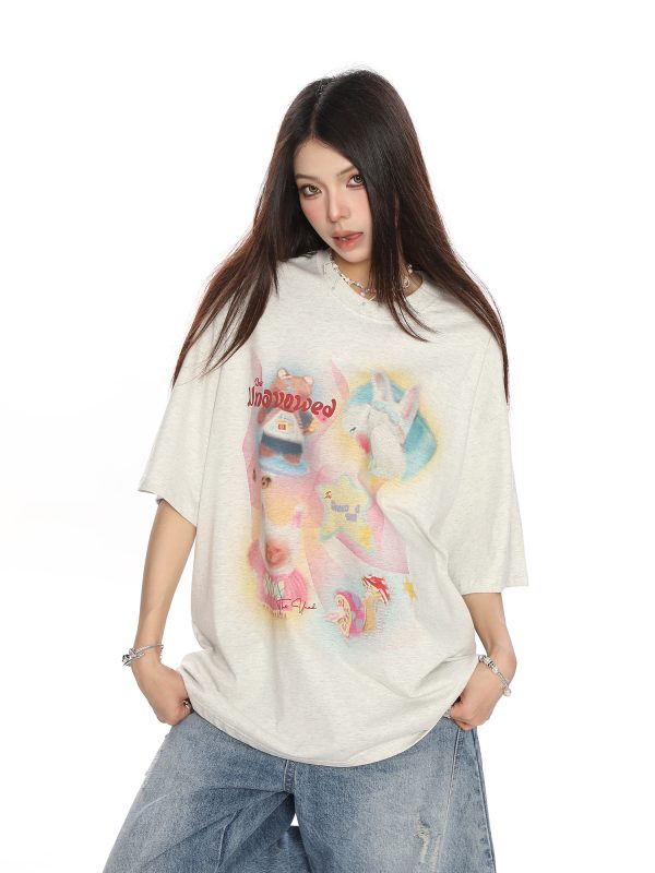 Fun Cartoon Print Graffiti Short Sleeve T-Shirt for Women - Casual Loose Summer Top in Trendy Lazy Style