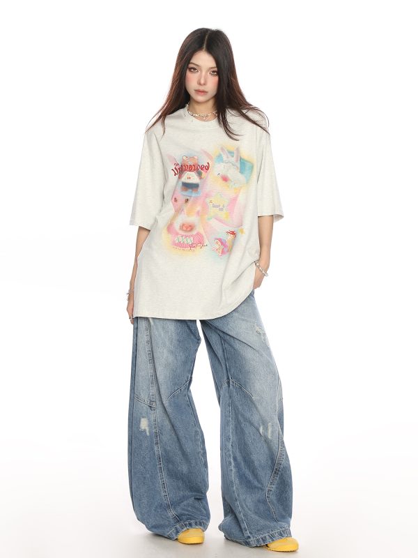 Fun Cartoon Print Graffiti Short Sleeve T-Shirt for Women - Casual Loose Summer Top in Trendy Lazy Style
