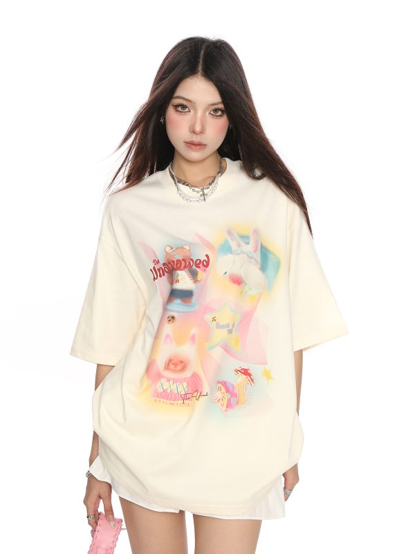 Fun Cartoon Print Graffiti Short Sleeve T-Shirt for Women - Casual Loose Summer Top in Trendy Lazy Style