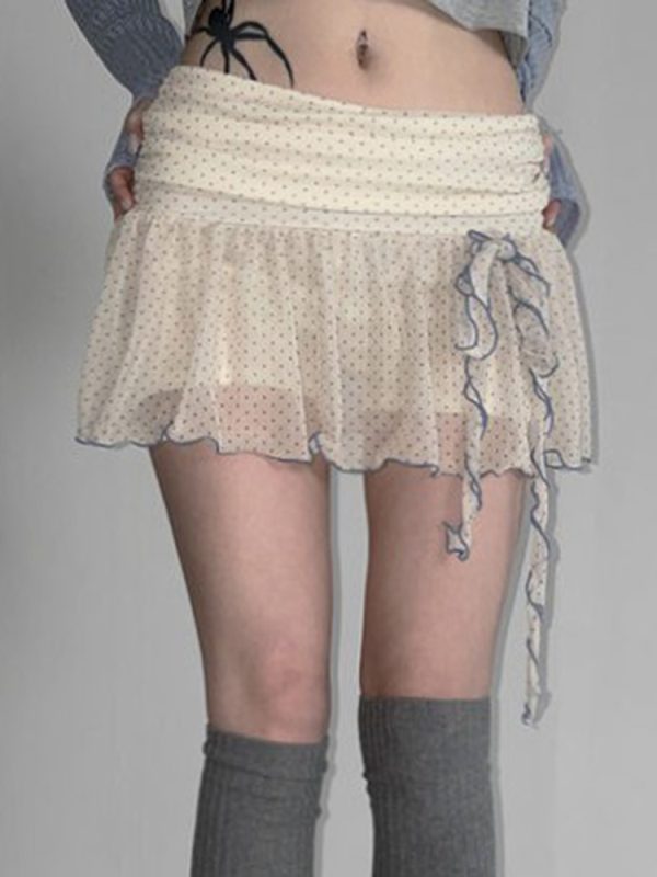 Girls' Butterfly Flower Polka Dot Short Pleated Skirt - Low Waist French Style Net Yarn Design for Y2K Fashion