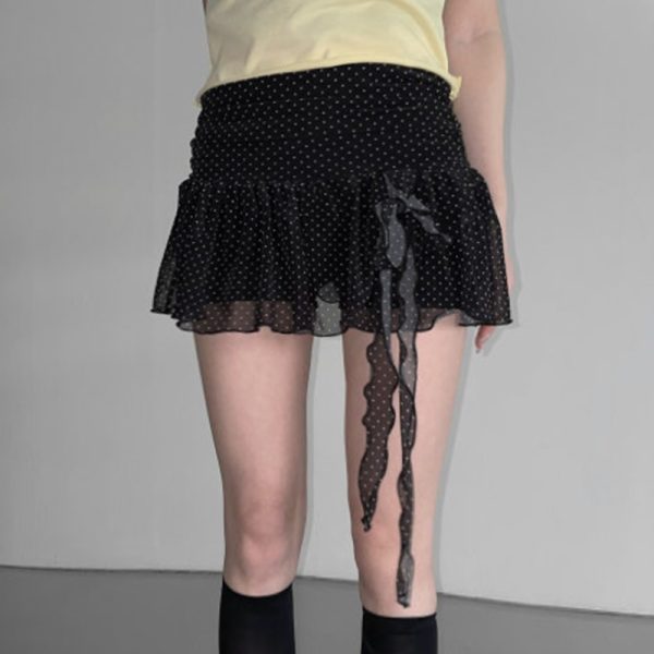 Girls' Butterfly Flower Polka Dot Short Pleated Skirt - Low Waist French Style Net Yarn Design for Y2K Fashion