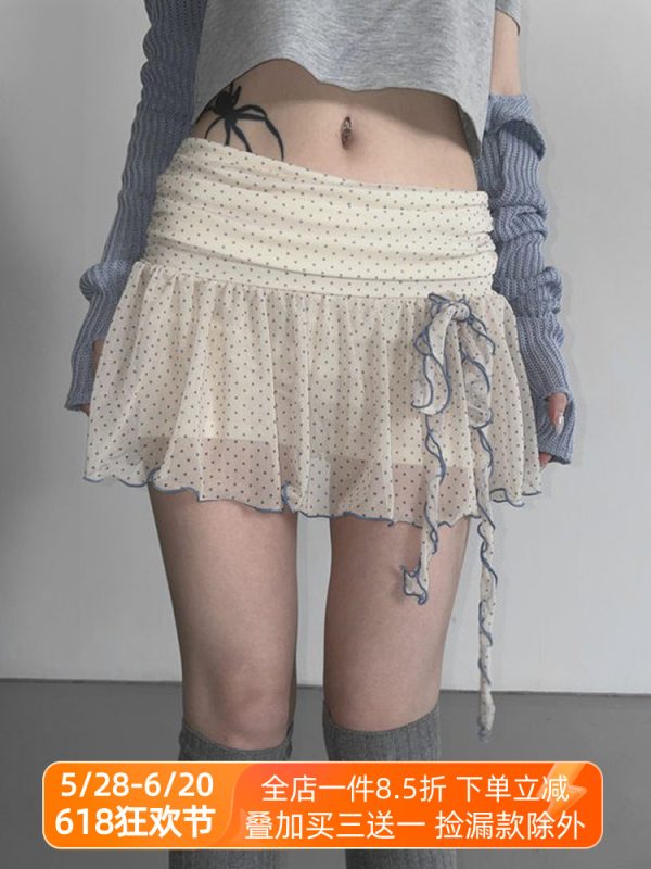 Girls' Butterfly Flower Polka Dot Short Pleated Skirt - Low Waist French Style Net Yarn Design for Y2K Fashion