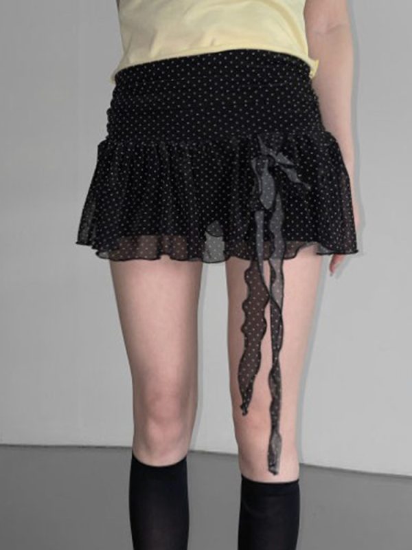 Girls' Butterfly Flower Polka Dot Short Pleated Skirt - Low Waist French Style Net Yarn Design for Y2K Fashion