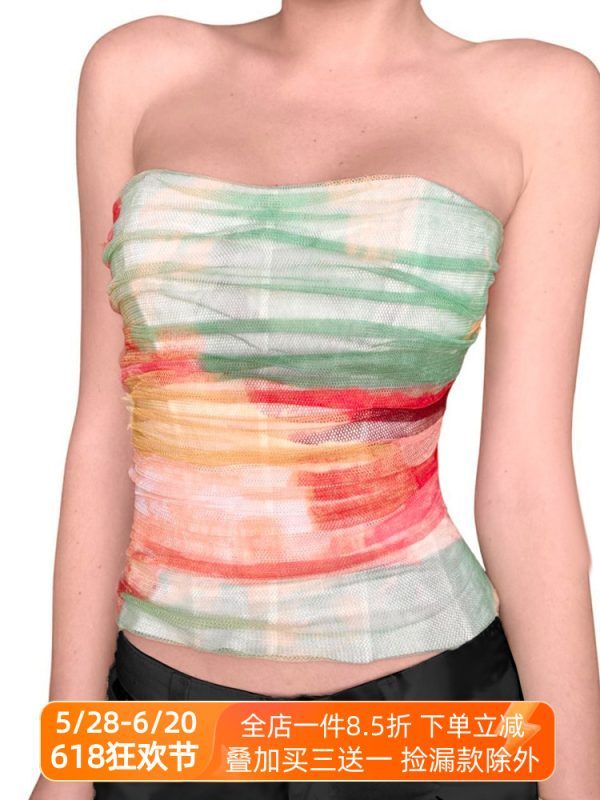 Gradient Color Strapless Backless Holiday Top for Women - Waist-Cinching Mesh Camisole, Perfect for Summer and 90s Style