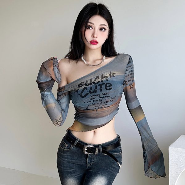 Gradient Off-Shoulder Long Sleeve Mesh T-Shirt for Women with Letter Print and Flared Sleeves - Trendy Y2K Style Top