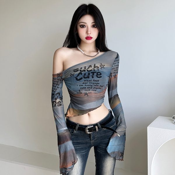 Gradient Off-Shoulder Long Sleeve Mesh T-Shirt for Women with Letter Print and Flared Sleeves - Trendy Y2K Style Top