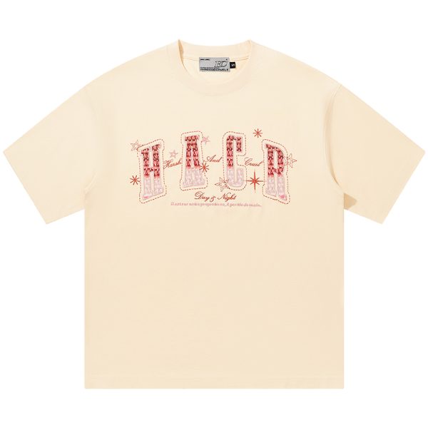 Gradient Woven Patch Embroidery Loose Round Neck Short Sleeve T-Shirt for Men and Women - 90s Inspired Unisex Fashion Top