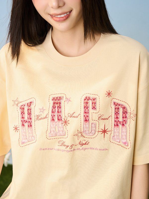 Gradient Woven Patch Embroidery Loose Round Neck Short Sleeve T-Shirt for Men and Women - 90s Inspired Unisex Fashion Top