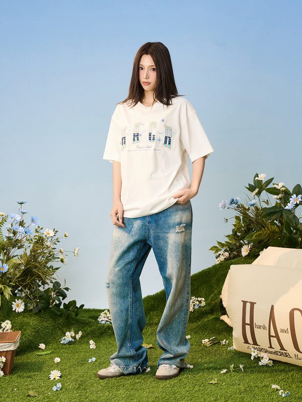 Gradient Woven Patch Embroidery Loose Round Neck Short Sleeve T-Shirt for Men and Women - 90s Inspired Unisex Fashion Top