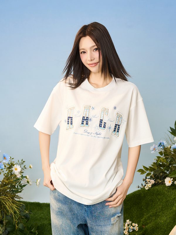 Gradient Woven Patch Embroidery Loose Round Neck Short Sleeve T-Shirt for Men and Women - 90s Inspired Unisex Fashion Top