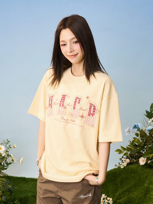Gradient Woven Patch Embroidery Loose Round Neck Short Sleeve T-Shirt for Men and Women - 90s Inspired Unisex Fashion Top