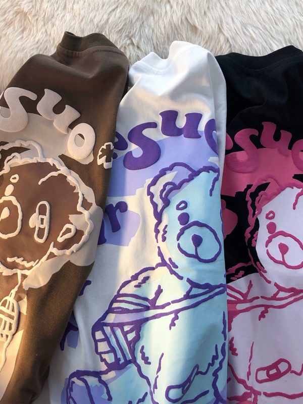 Graffiti Bear Short Sleeve T-Shirt for Men and Women - Plus Size Loose Fit Pure Cotton Casual Couple Tee