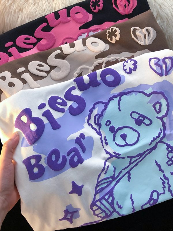 Graffiti Bear Short Sleeve T-Shirt for Men and Women - Plus Size Loose Fit Pure Cotton Casual Couple Tee