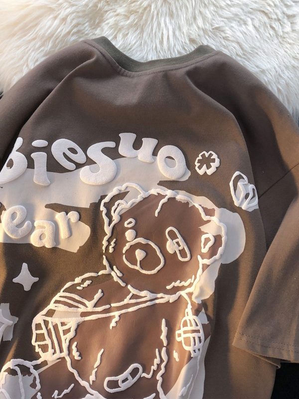 Graffiti Bear Short Sleeve T-Shirt for Men and Women - Plus Size Loose Fit Pure Cotton Casual Couple Tee