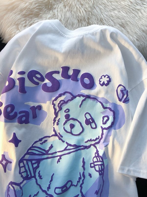 Graffiti Bear Short Sleeve T-Shirt for Men and Women - Plus Size Loose Fit Pure Cotton Casual Couple Tee
