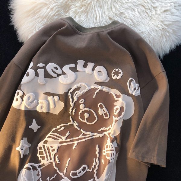 Graffiti Bear Short Sleeve T-Shirt for Men and Women - Plus Size Loose Fit Pure Cotton Casual Couple Tee
