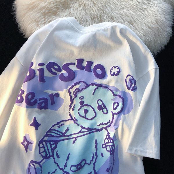 Graffiti Bear Short Sleeve T-Shirt for Men and Women - Plus Size Loose Fit Pure Cotton Casual Couple Tee