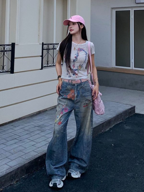 Graffiti Painted Wide Leg Jeans for Women - Summer Straight Leg Floor-Length Pants with Little Bear Chain Design
