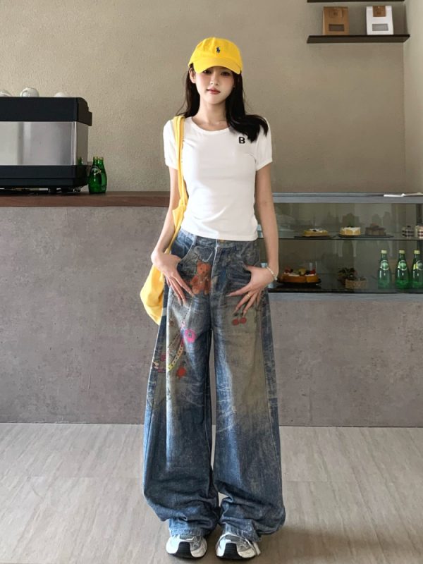 Graffiti Painted Wide Leg Jeans for Women - Summer Straight Leg Floor-Length Pants with Little Bear Chain Design