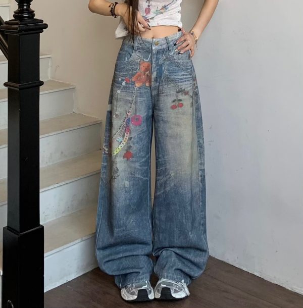 Graffiti Painted Wide Leg Jeans for Women - Summer Straight Leg Floor-Length Pants with Little Bear Chain Design