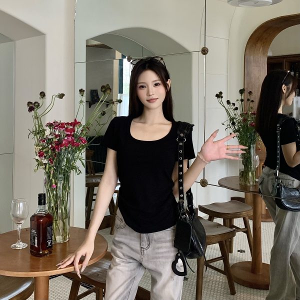 Gray Square Neck Short Sleeve T-Shirt for Women - Summer Loose Slim Fit Top - Casual Y2K Style Hot Girl Tee