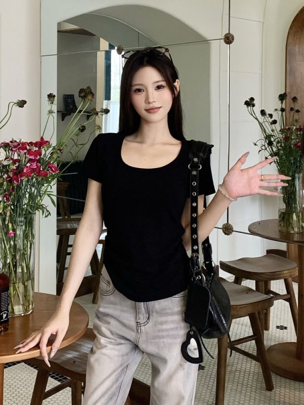 Gray Square Neck Short Sleeve T-Shirt for Women - Summer Loose Slim Fit Top - Casual Y2K Style Hot Girl Tee
