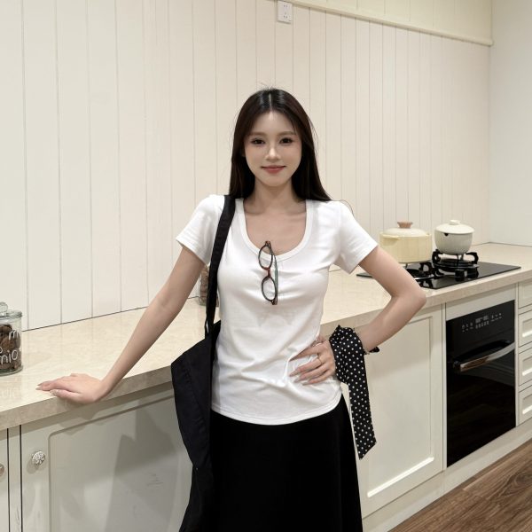 Gray Square Neck Short Sleeve T-Shirt for Women - Summer Loose Slim Fit Top - Casual Y2K Style Hot Girl Tee