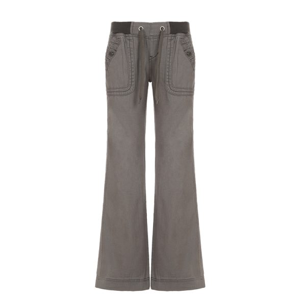 Gray Vintage Low-Waist Tied Straight-Leg Cargo Pants for Women, Versatile Slimming Design, Floor-Length Y2K Dance Pants