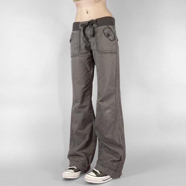 Gray Vintage Low-Waist Tied Straight-Leg Cargo Pants for Women, Versatile Slimming Design, Floor-Length Y2K Dance Pants